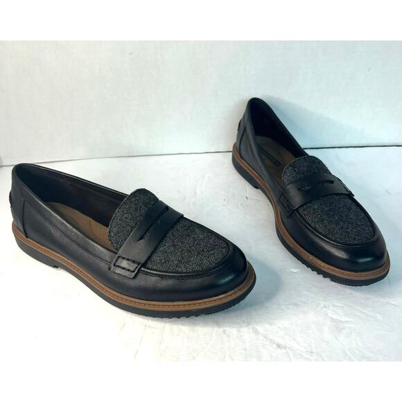 Clarks Raisie Eletta Black Leather/Denim SlipOn Comfort Penny Lug Sole Loafer 9 - Picture 2 of 10